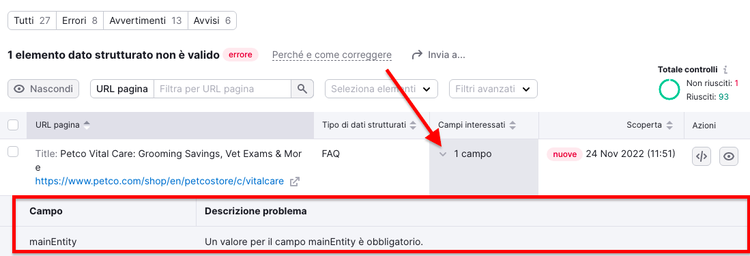 Dettagli elemento dato non valido mainEntity con problema
