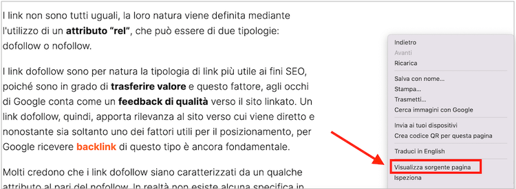 Controllo link nofollow: menu browser 'Visualizza sorgente pagina'