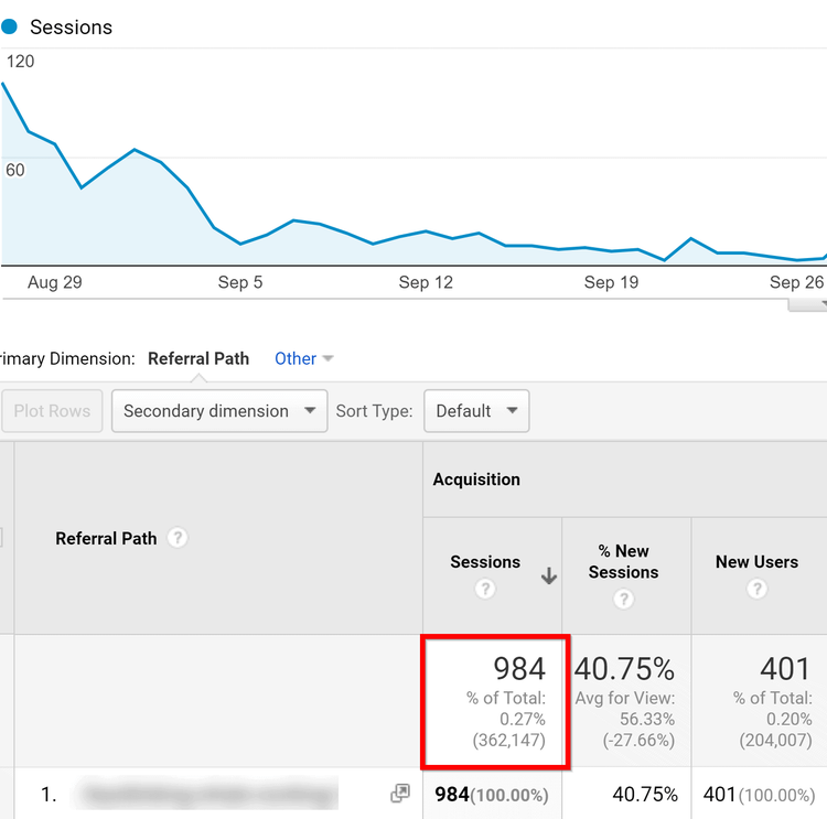 Grafico sessioni 984 con 40.75% nuove sessioni, 401 new users