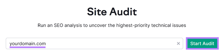 Avvio di Site Audit con il dominio inserito e il pulsante Avvia audit evidenziato