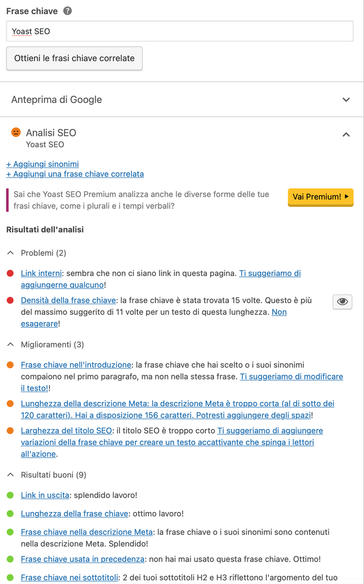 Yoast SEO keyword analysis with feedback and suggestions