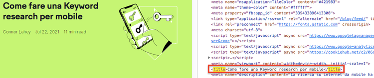 Codice HTML: esempio title tag in head section