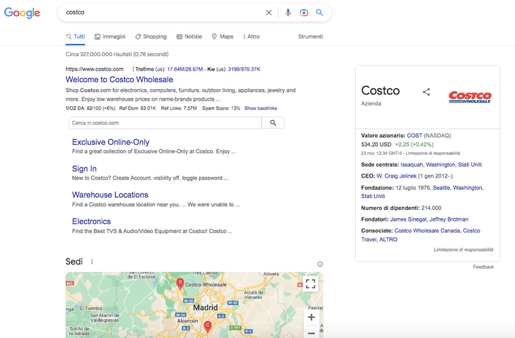 Google Costco business info card stock maps