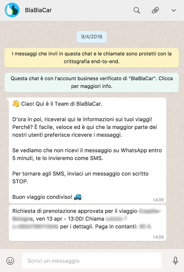 BlaBlaCar WhatsApp conversation showing booking details