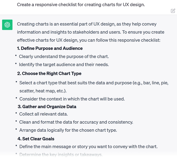 Un nuovo prompt che chiede a ChatGPT di creare una lista di controllo reattiva per la creazione di grafici per il design UX