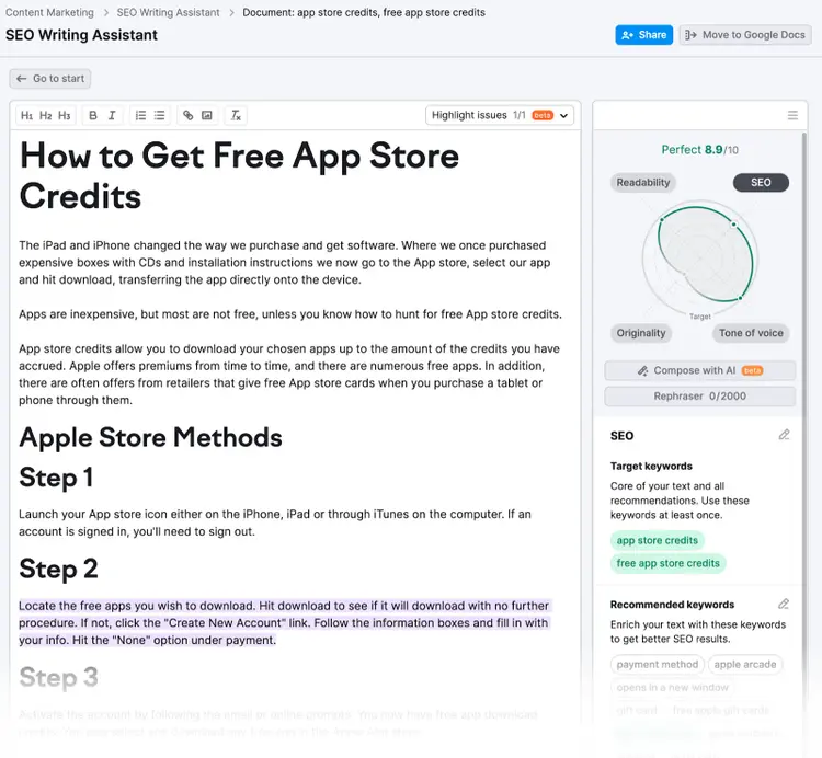 SEO Writing Assistant dispone di un editor di testo, di un punteggio e di raccomandazioni.
