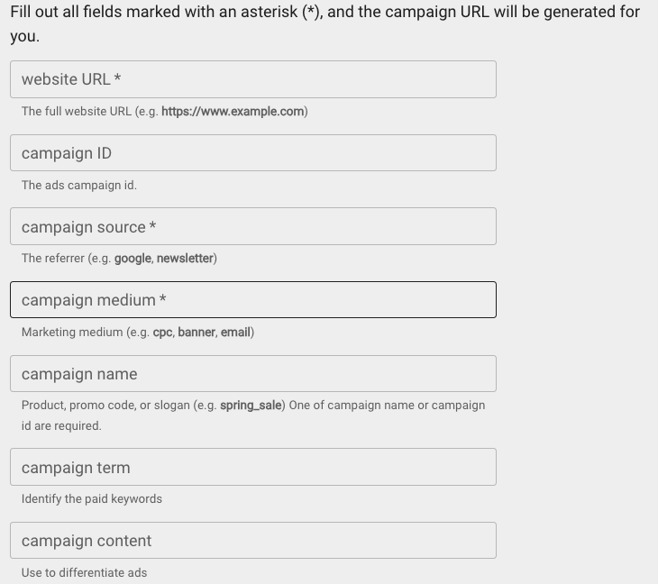 Modulo di creazione URL personalizzato di Google Analytics per generare URL contenenti codici UTM