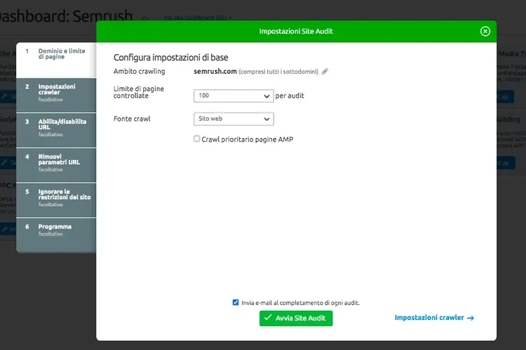 Semrush Site Audit dialog showing basic crawl scope and page limit configuration