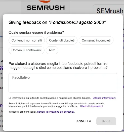 Modulo feedback Google Knowledge Graph per segnalare errori Fondazione SEMrush