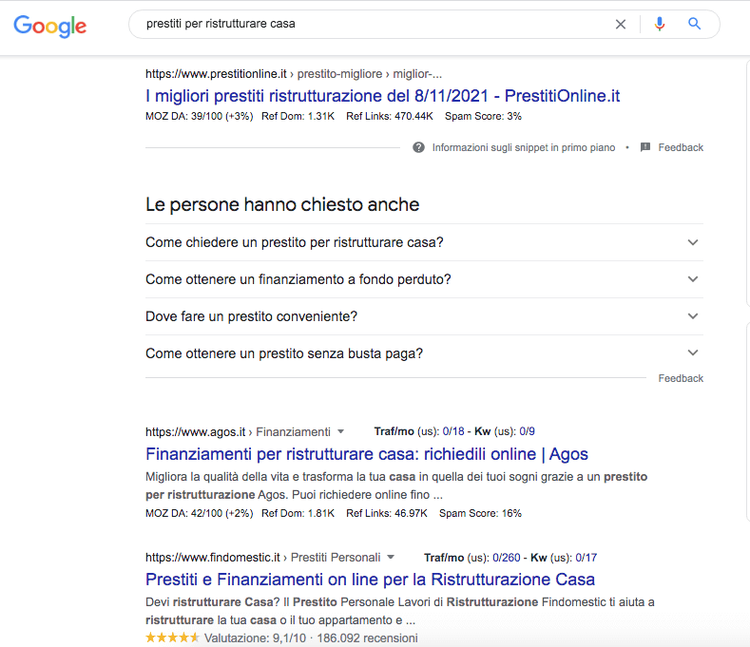 Google SERP 'prestiti per ristrutturare casa' con PAA