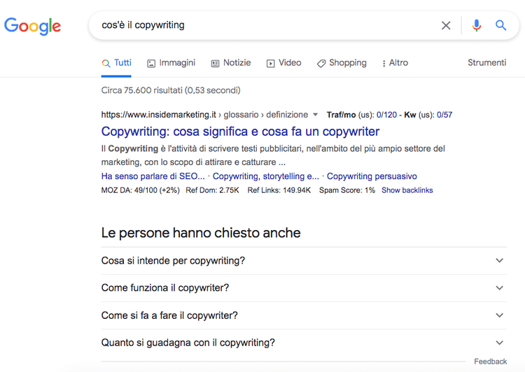 Google Search cos'è il copywriting con risultati organici e People also ask