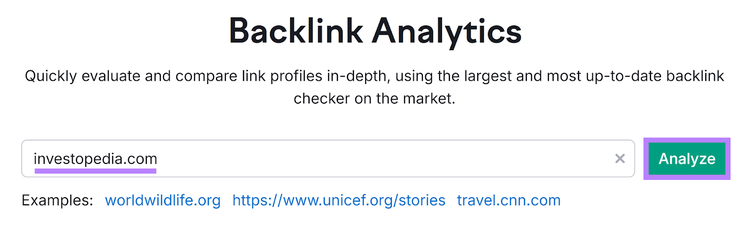 Avvio di Analisi backlink con il dominio inserito e il pulsante Analizza evidenziato