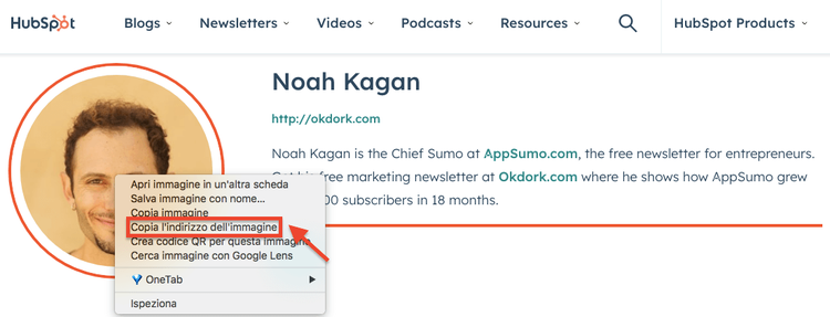 Profilo HubSpot di Noah Kagan con foto e menu opzioni biografiche