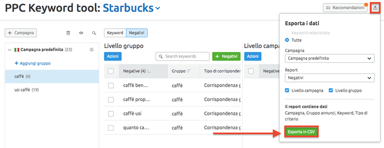 PPC Keyword Tool dialogo esporta dati con pulsante Esporta in CSV verde