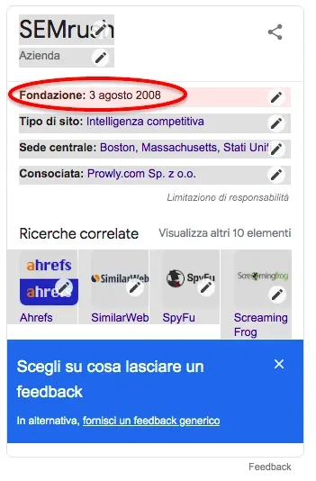 Knowledge Panel feedback popup mostrando opzioni segnalare errori informazioni SEMrush