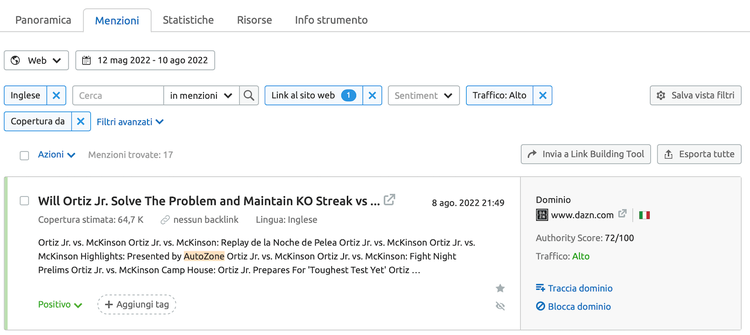 Brand Monitoring tool risultati menciones con articolo, data, authority score 72/100