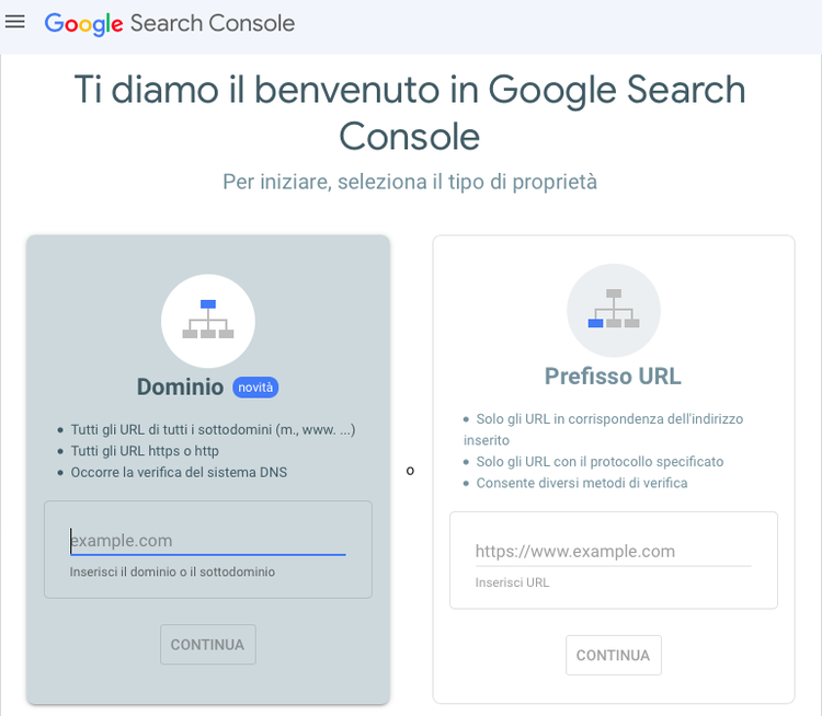 Google Search Console schermata benvenuto con opzioni proprietà
