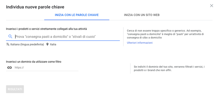 Google Keyword Planner opzione Individua nuove parole chiave