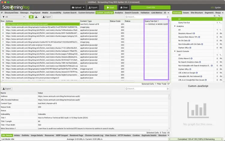 Dashboard di Screaming Frog con la colonna "Query Fan-Out" evidenziata.