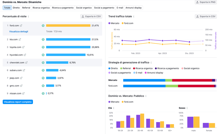 Domain vs Mercato: grafici traffico canali breakdown strategia
