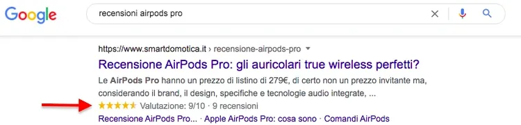 Rich snippet Google AirPods Pro con valutazione 5 stelle e 9 recensioni