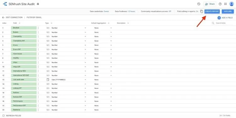 Google Data Studio Site Audit dashboard showing technical issues and problem metrics