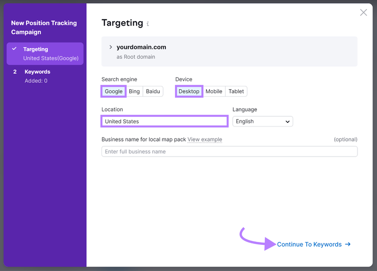 Nuova configurazione del targeting della campagna di Tracking della posizione