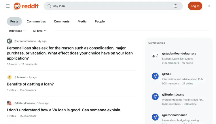 Risultati della ricerca su Reddit per "perché un prestito", incluso un post intitolato "Vantaggi di ottenere un prestito?"