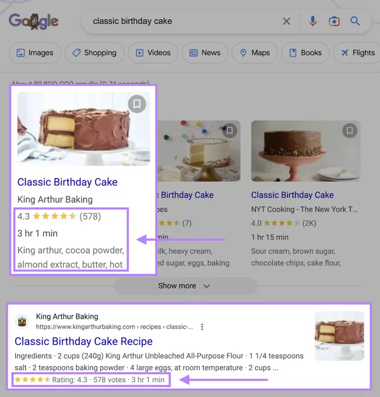 come King Arthur Baking utilizza lo schema markup per essere presente nella sezione delle ricette e negli elenchi organici