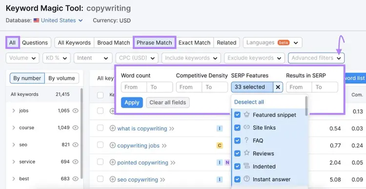 Si aprono i pop-up "Tutti", "Corrispondenza frase" e "Filtri avanzati" in Keyword Magic Tool