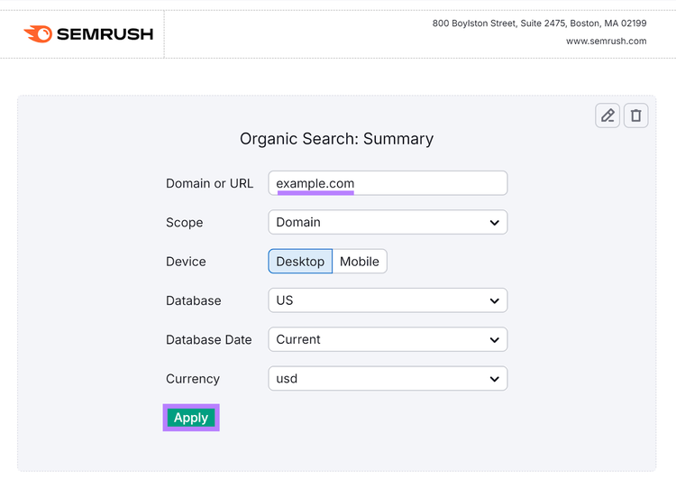 Configurazione delle impostazioni del widget con dominio inserito e pulsante Applica evidenziato