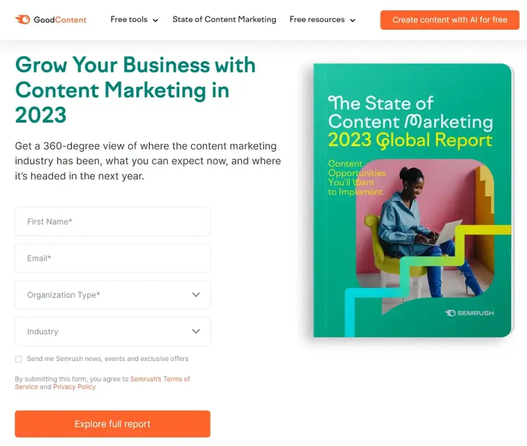 Pagina di destinazione del rapporto globale sullo stato del marketing 2023 di Semrush