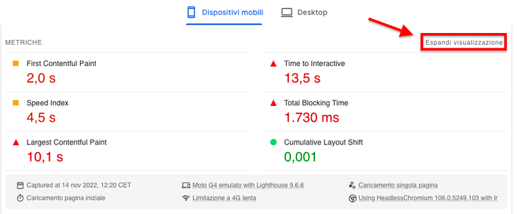 Metriche PageSpeed: First Contentful Paint, Time to Interactive