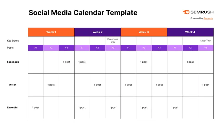 Social Media Calendar Template: settimane 4 con platform row
