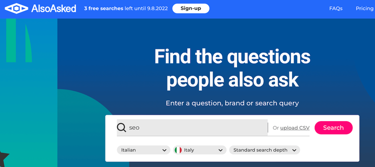 AlsoAsked: ricerca 'SEO' italiano/Italia con profondità ricerca standard