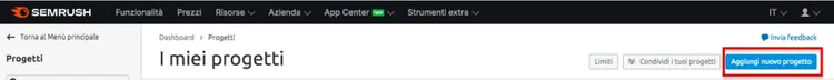 SEMrush progetti: bottone 'Aggiungi nuovo progetto' in evidenza rosso