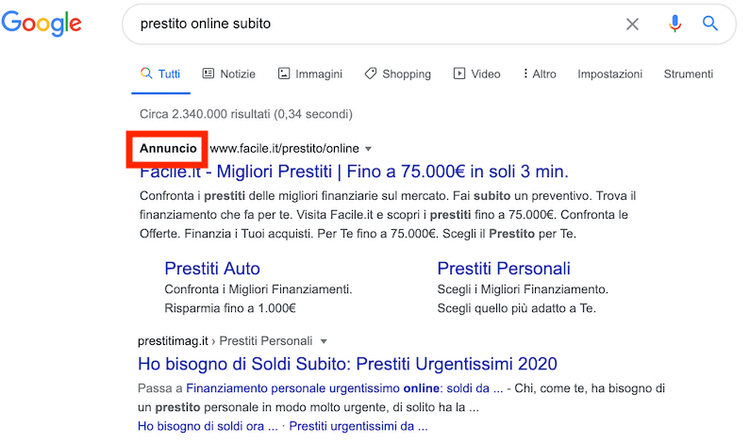 Google SERP prestito online subito con Google Ads in alto
