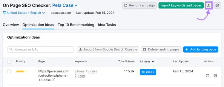 Il pulsante di esportazione nell'angolo in alto a destra della dashboard di On Page SEO Checker