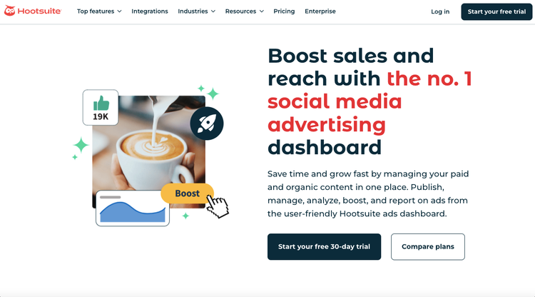 Dashboard pubblicitario Hootsuite per gestire campagne social e aumentare vendite