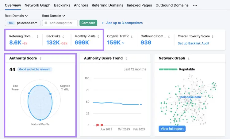 Una sezione della dashboard "Panoramica" nello strumento Backlinks