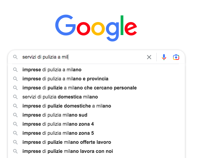 Autocomplete Google per 'servizi pulizia mi' con vari suggerimenti