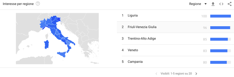 Google Trends heatmap of Italian regions with interest levels