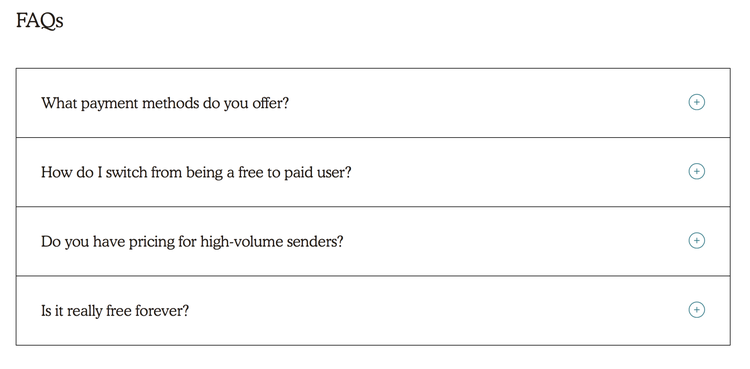 Esempi di microcopy: Mailchimp FAQ page