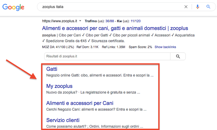 Risultato Zooplus con sitelink feature ricerca Cani shopping