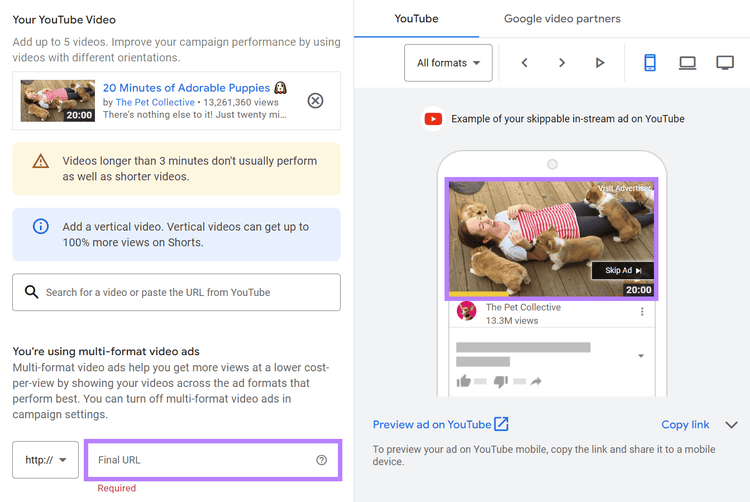 Video di YouTube aggiunto alla campagna Google Ads
