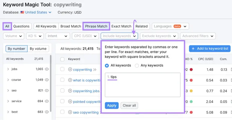 Filtri "Tutti", "Corrispondenza frase" e "Includi parole chiave" evidenziati in Keyword Magic Tool