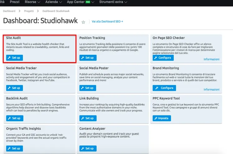 SEMrush dashboard: 8 tool cards Site Audit, Tracking, Social, Content
