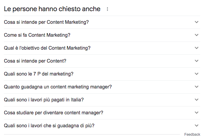 Domande correlate Google People Also Ask espanse con sottotemi