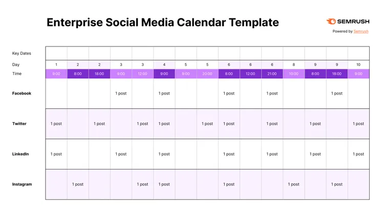 Enterprise Calendar Template: orario giornaliero 4 platform social