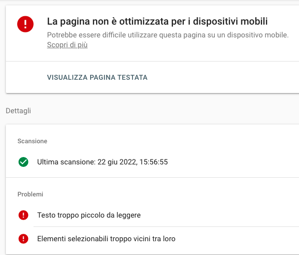 Google Mobile Test: pagina non ottimizzata, testo piccolo, elementi vicini